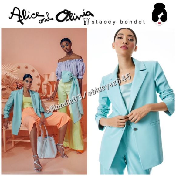 Alice + Olivia “Dunn” vegan leather roll cuff blazer in blue breeze XS